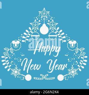 Vector illustration of Christmas icons in white color on blue background. Christmas greeting card in line flat style. Stock Vector