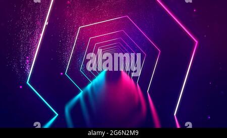 Room with neon lights. Ultraviolet abstract background with neon corridor. 3d technology background. Color illuminated interior with led rays and Stock Photo