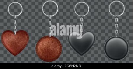 Realistic vector black, brown, leather keychains in different shapes Stock Vector
