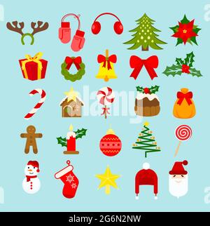 Vector illustration Christmas new year holiday decoration icons and elements set isolated on light blue background in flat style. Stock Vector
