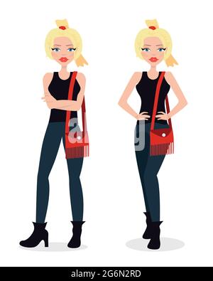 Vector illustration of a beautiful blonde girl in flared jeans, punk, fashion girl, in casual outfit. Flat style. Stock Vector