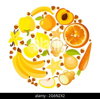 Vector illustration of circle shape of yellow and red fruits and vegetables. Healthy nutrition organic concept flat style. Stock Vector