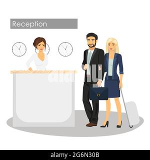 Vector illustration of manager and customer at hotel reception desk. Concierge service. Man and woman arrival or check in at lobby. Woman at reception Stock Vector