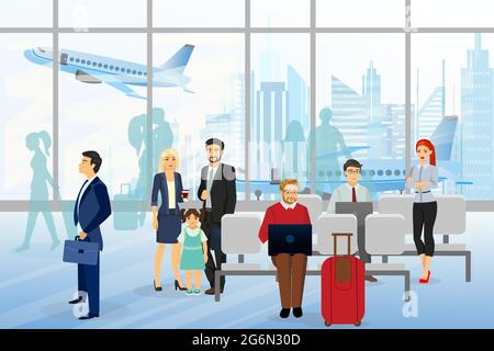 Vector illustration of men and wemen, children in airport, business people sitting and walking in airport terminal, business travel concept with plane Stock Vector