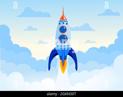 Vector illustration concept of business start up of the space rocket. Rocket ship in the sky with clouds in flat design. Stock Vector