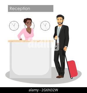 Vector illustration of manager and customer at hotel reception desk. Concierge service. Man arrival or check in at lobby. African American beautiful Stock Vector