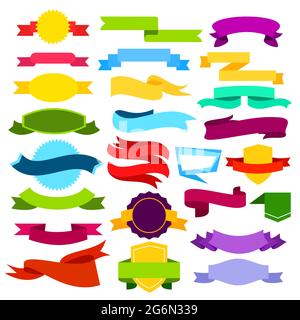 Vector illustration set of colored ribbon banners. Blue, green, red, yellow, pink scrolls in flat style. Stock Vector