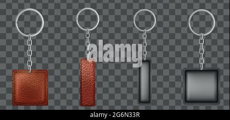 Realistic vector black, brown, leather keychains in different shapes i Stock Vector