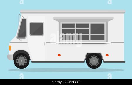 Vector illustration of white fast food trailer isolated on light blue color background in flat style. Stock Vector