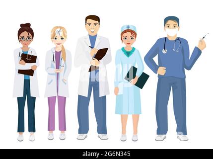 Vector illustration of team doctors on a white background in flat style. Woman and man doctors. Stock Vector