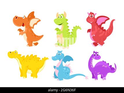 Vector illustration set of colorful funny dinosaurs in cartoon flat style. Stock Vector