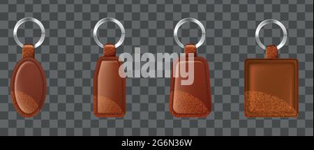 Leather key chains, brown keying holders set with metal rings. Stock Vector