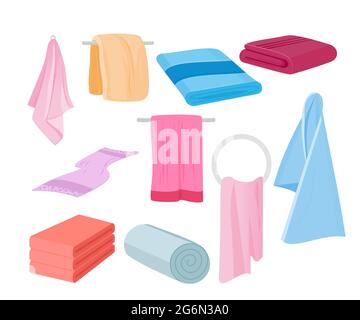Vector illustration of towels vector set. Cloth towel for bath, illustration of cartoon fabric towels in flat cartoon style. Stock Vector