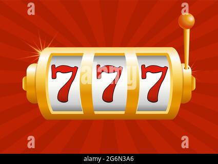 Vector illustration of golden slot machine wins the jackpot. Isolated on red background. Jackpot in game, winner. Stock Vector