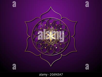 Gold Seed of life symbol Sacred Geometry. Logo icon  Geometric mystic mandala of alchemy esoteric Flower of Life. Vector golden luxury divine meditati Stock Vector