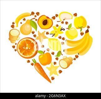 Heart shape of red fruits and vegetables. Healthy nutrition organic vector illustration. Stock Vector