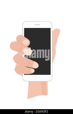 Vector illustration of hand holding white phone on white background in flat style. Stock Vector