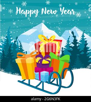 Vector illustration greeting card with christmas gifts in bright boxes on sleds and text. mountains on background. Stock Vector