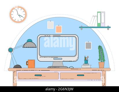 Workspace for freelancer with computer, laptop, lamp, to do list, working programs on monitor, organizer, shelf, books, and cup of coffee on blue wall Stock Vector