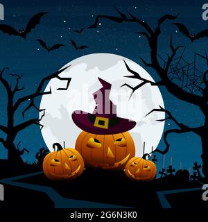 Halloween pumpkins and dark castle on blue Moon background ...