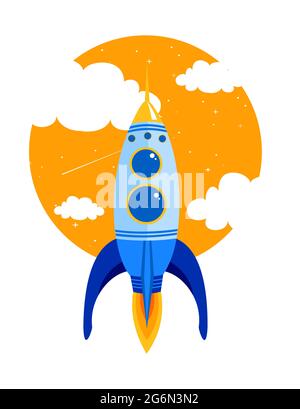 Vector illustration of Rocket quick flies in sky between clouds. Start up business concept in flat style. Stock Vector