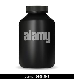 Creatine nutrition jar. Black design protein container mockup. Sport supplement pill tub template. Casein gainer can with screw cap, round vector blan Stock Vector