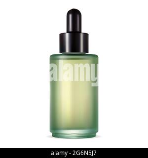 Serum dropper bottle. Eye cosmetic pipette bottle. Collagen essence product flask. Natural aroma oil vial. Face treatment package vector design on whi Stock Vector