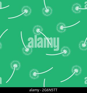 Dandelion Flower Silhouette Seamless Pattern on Green Background Stock Vector