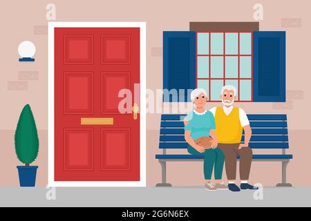 Cute elderly couple sitting on the bench near the house. Nursing home, time to retire, stay home concept. Vector illustration in flat style Stock Vector