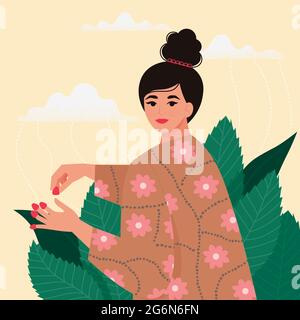 Woman pluck raspberries. Gardening, organic food, summer time concepts. Vector illustration in flat style Stock Vector
