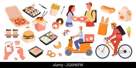 Fast food delivery service set, online order from mobile app on phone, courier delivering Stock Vector