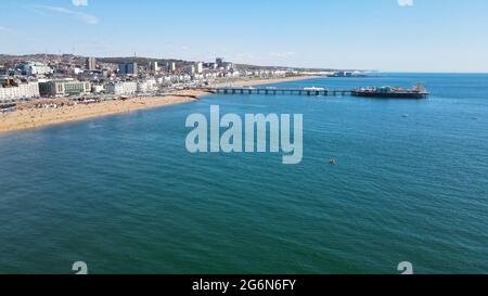 Brighton pier and beach UK Aerial view Summer 2021 Stock Photo