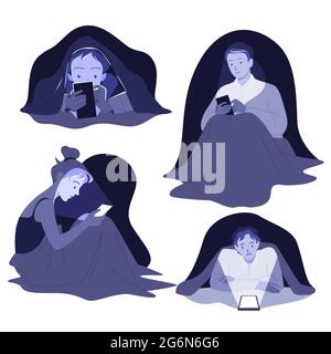 Cartoon young man and woman characters lying in bed in dark bedroom with cellphone, internet addiction isolated on white. People with mobile phone Stock Vector