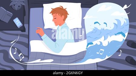 Cartoon sleepy guy character in pajamas lying on bed pillow in bedroom, sleeping better to good music background. Healthy sleep at night, young man Stock Vector