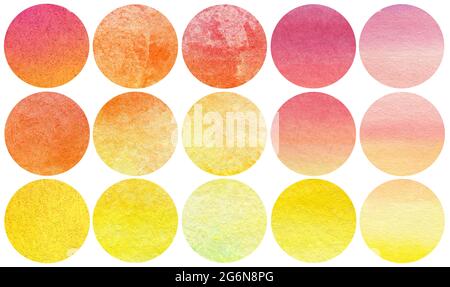 Abstract watercolor autumn circles collection in yellow orange red colors. Watercolor stains set isolated on white background. Watercolour palette. Wa Stock Photo