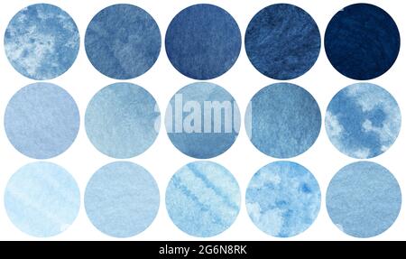 Abstract blue sea and sky watercolor circles. Watercolor stains set isolated on white background. Watercolour palette. Watercolor hand painted circles Stock Photo