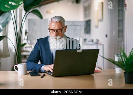 Senior business hipster man using laptop computer inside modern office - Focus on face Stock Photo