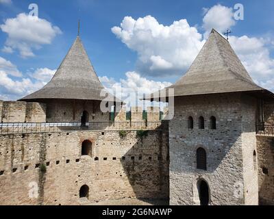 Soroca Fortress view from inside. Ancient military fort, historical landmark located in Moldova. Old stone walls fortifications, towers and bastions o Stock Photo