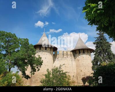 Soroca Fortress view from outside. Ancient military fort, historical landmark located in Moldova. Outdoors facade, old stone walls fortifications, tow Stock Photo