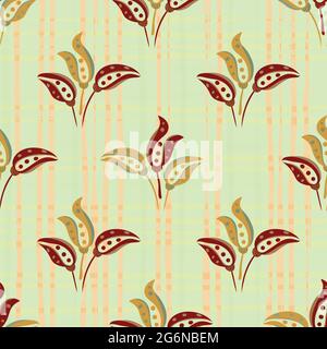 Abstract stylized tulip vector seamless pattern background. Ochre brown green bouquets of hand drawn tulips on subtle watercolor effect striped Stock Vector