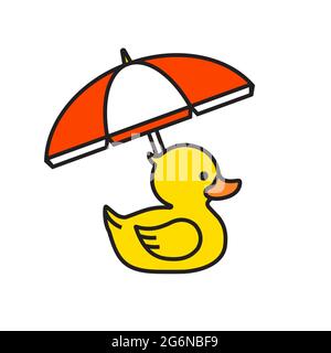 Yellow rubber duck icon with beach umbrella Stock Vector