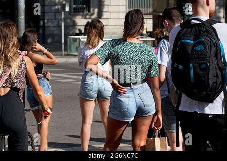 Woman wearing tight denim shorts, Barcelona, Spain Stock Photo - Alamy