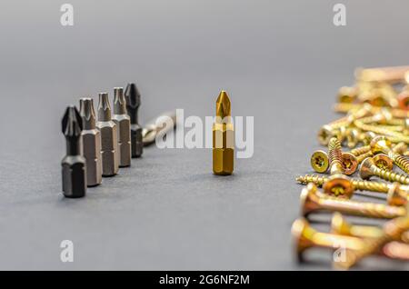 different bits are installed in a row, nozzles for electric drills for tightening self-tapping screws. Stock Photo