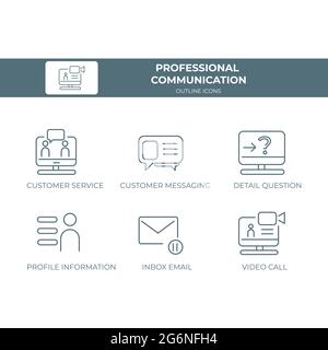 Professional Communication outline icon set with message, question , profile and video call icons. Stock Vector