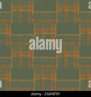 Abstract vector gauze brush effect rectangles seamless pattern background. Grid offset block backdrop of sage green ochre coarse painterly squares Stock Vector