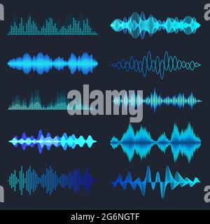 Blue colorful sound waves collection. Analog and digital audio signal. Music equalizer. Interference voice recording. High frequency radio wave Stock Vector