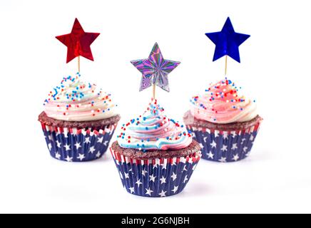 American Themed Cupcakes with Sprinkles and Decorations Isolated on a White Background Stock Photo
