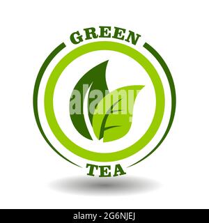 Vector circle logo Green tea with leaves symbol in round pictogram for organic cosmetics sign, natural food labeling tags and herbal medicine products Stock Vector