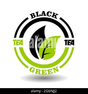 Creative circle logo of Green and Black tea mixture. Concept round icon of blend tea mix, herbal drink composition with green and black leaves symbol Stock Vector