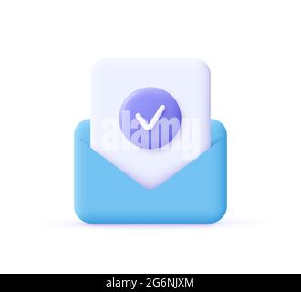 Check mark icon. Approvement concept. Document and зostal envelope. 3d realistic vector illustration. Stock Vector